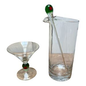 Vintage Elegant Glass Pitcher and Martini Glass Set with Olive Design